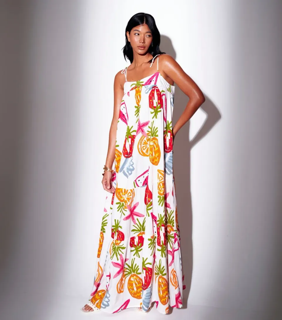 Women's Multicoloured Fruit Print Strappy Maxi Dress