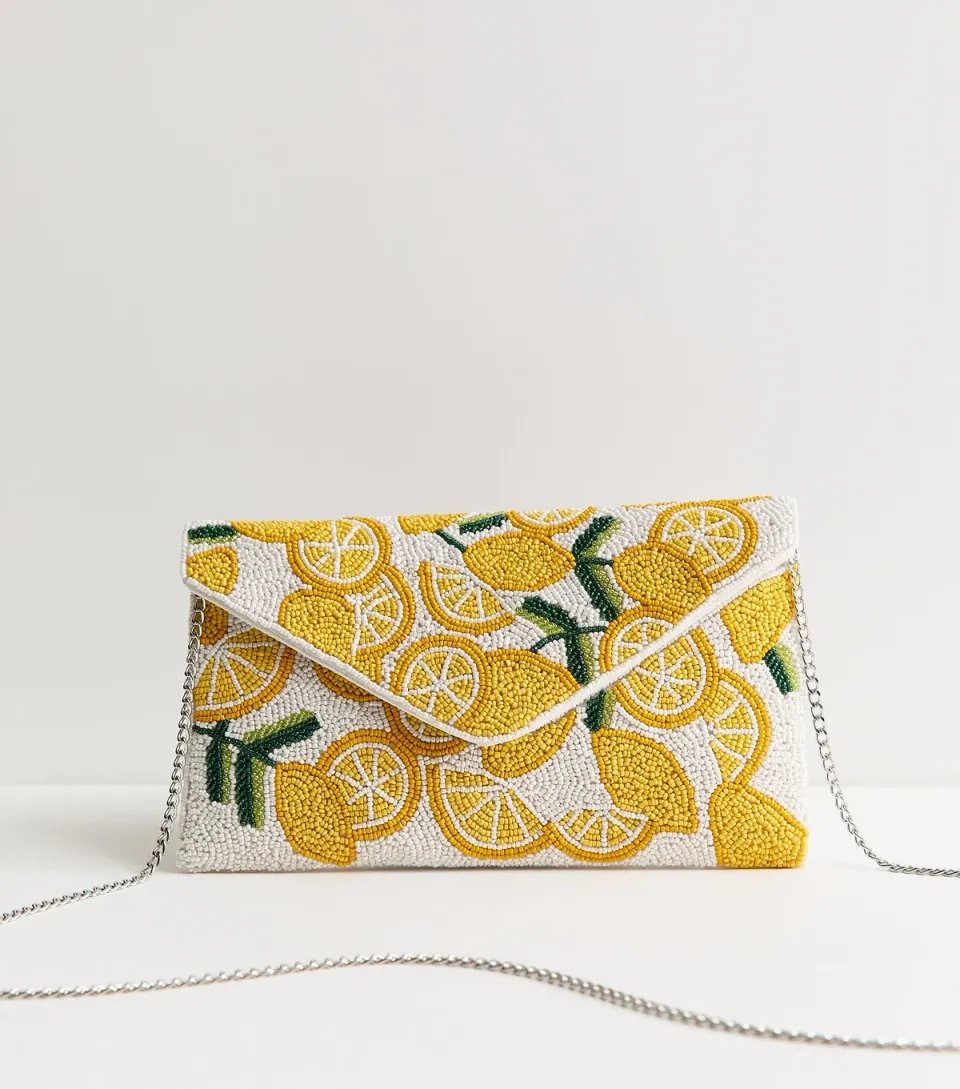 White Citrus Pattern Beaded Envelope Clutch