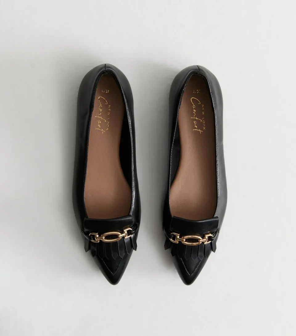 Women's Black Faux Leather Chain Detail Ballet Flats Vegan