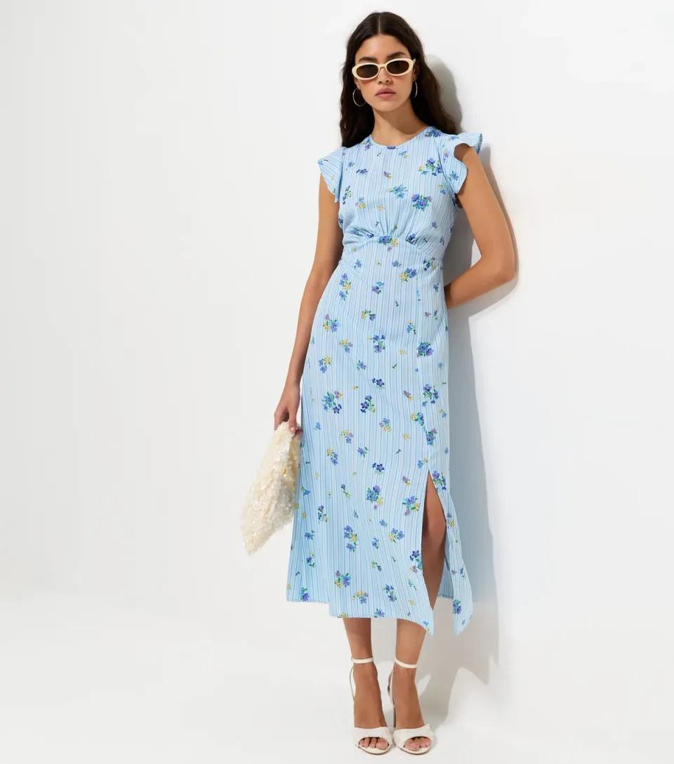 Women's Blue Floral Print Crepe Midi Dress