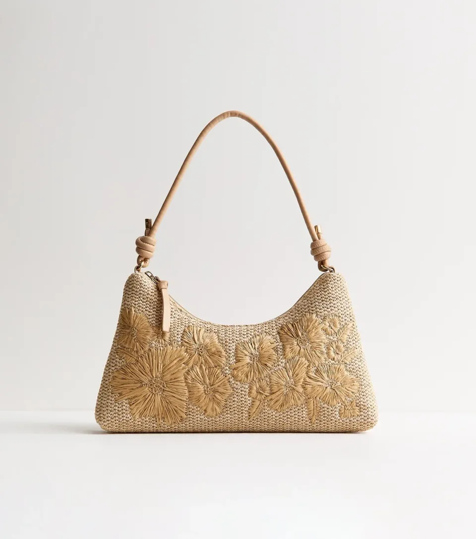 Stone Woven Embroidered Flower Shoulder Bag