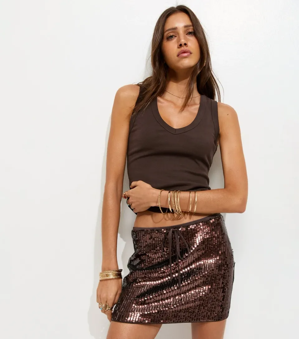 Women's Premium Dark Brown All Over Sequin Beach Mini Skirt
