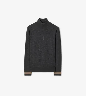 Icon Stripe Trim Wool Half-zip Sweater in Dark grey melange