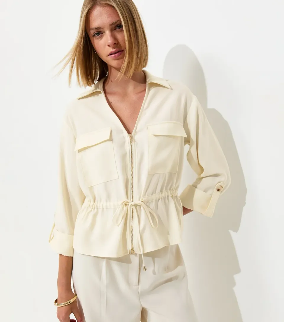 Women's Cream Utility Pocket Zip Up Drawstring Jacket