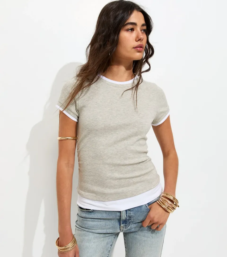 Women's Marl Grey Ruched Side 2 In 1 Baby Tee T-Shirt