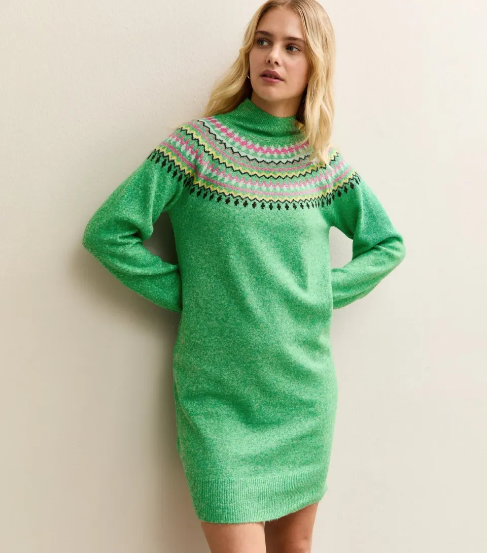Women's Green Fair Isle Jumper Dress
