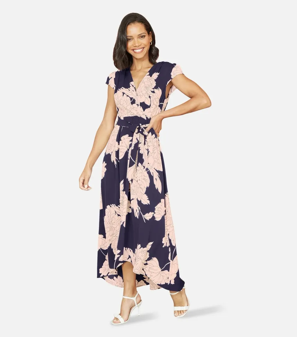 Women's Navy Floral Print Wrap Front Dress