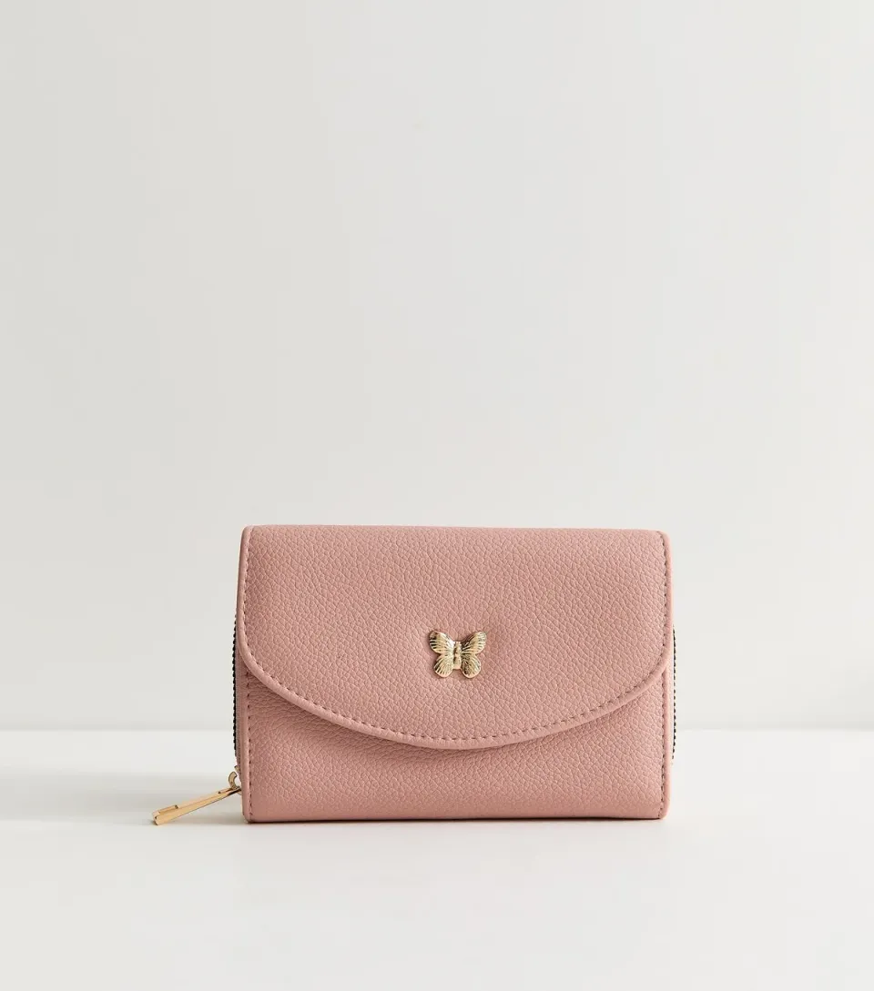 Light Pink Faux Leather Butterfly Charm Compact Purse