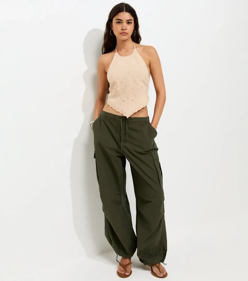 Women's Dark Khaki Cargo Pocket Parachute Trousers