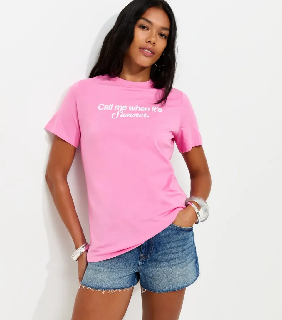 Women's Bright Pink Cotton Call Me When Its Summer Print T-Shirt