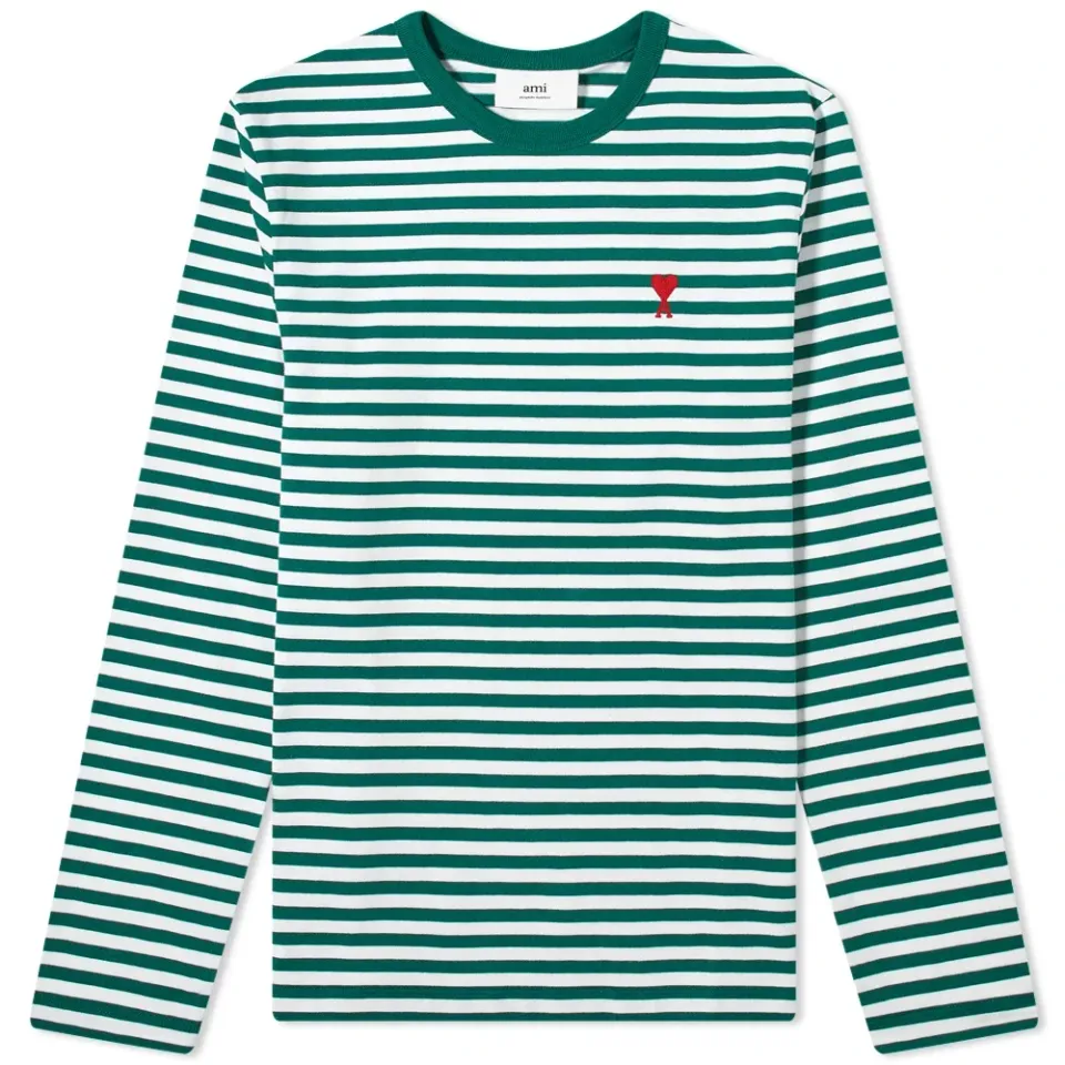 AMI Long Sleeve Heart Logo Stripe T-Shirt
