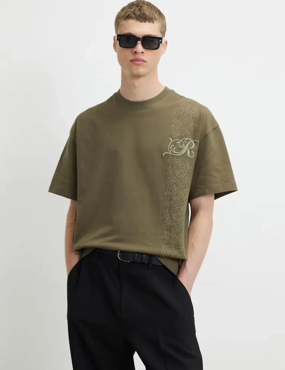 Cotton Floral Border T-Shirt Khaki Mix
