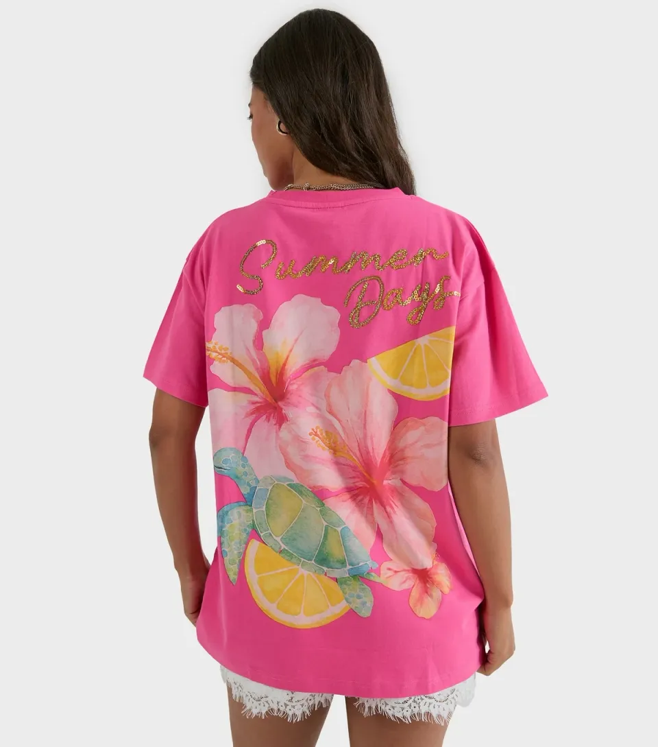 Women's Bright Pink Cotton Summer Days Oversized T-Shirt