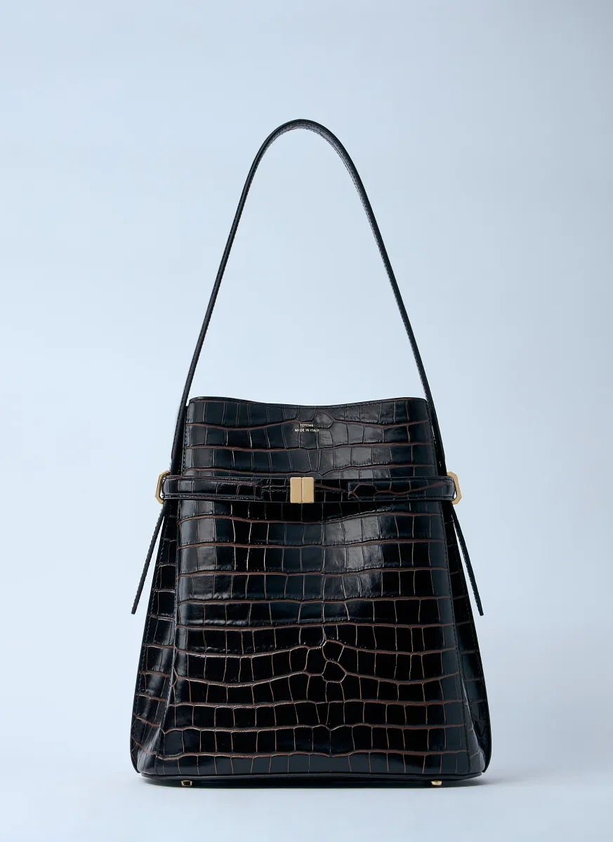 Croc-Embossed Leather Bucket Bag