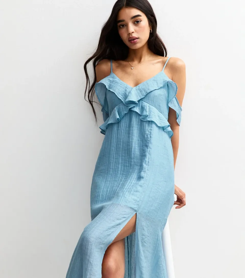 Women's Blue Textured Cold Shoulder Frill Trim Midi Dress