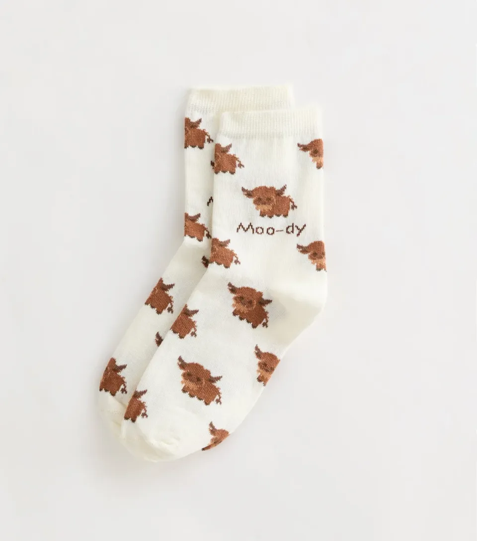 White Moo-dy Cow Illustration Socks