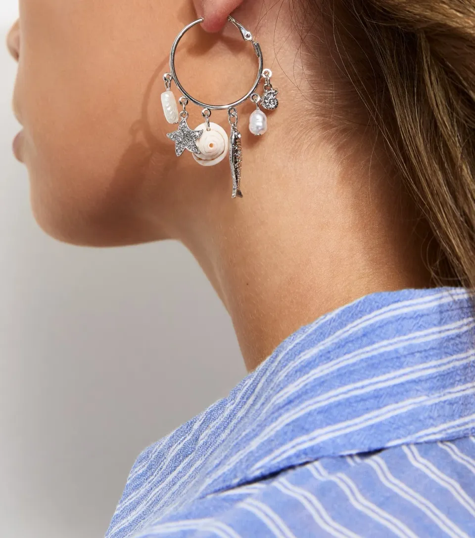 Silver Tone Coastal Charm Hoop Earrings