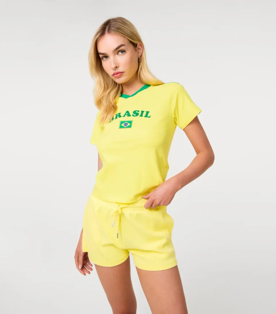 Women's Yellow Brasil Embellished Football Top