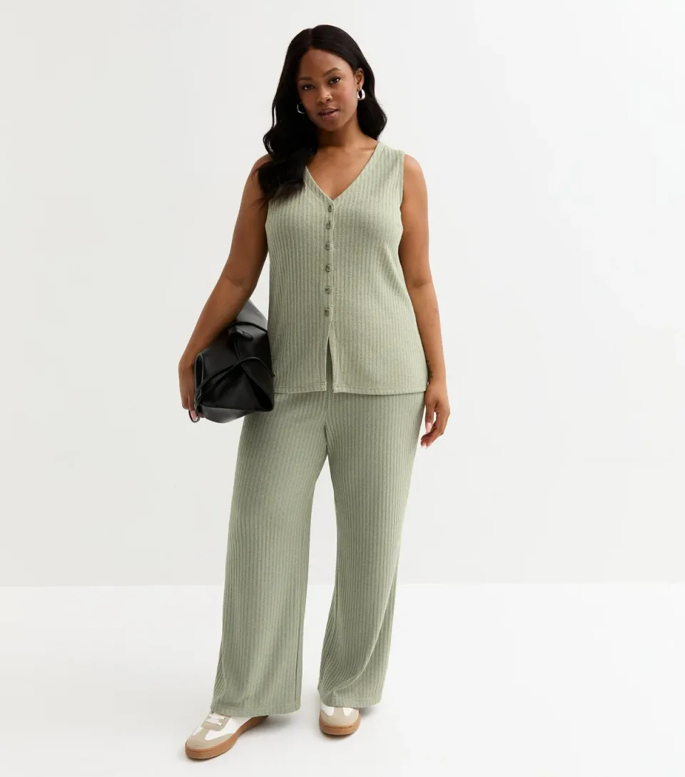 Women's Plus Size Light Khaki Ribbed Wide Leg Trousers Curves