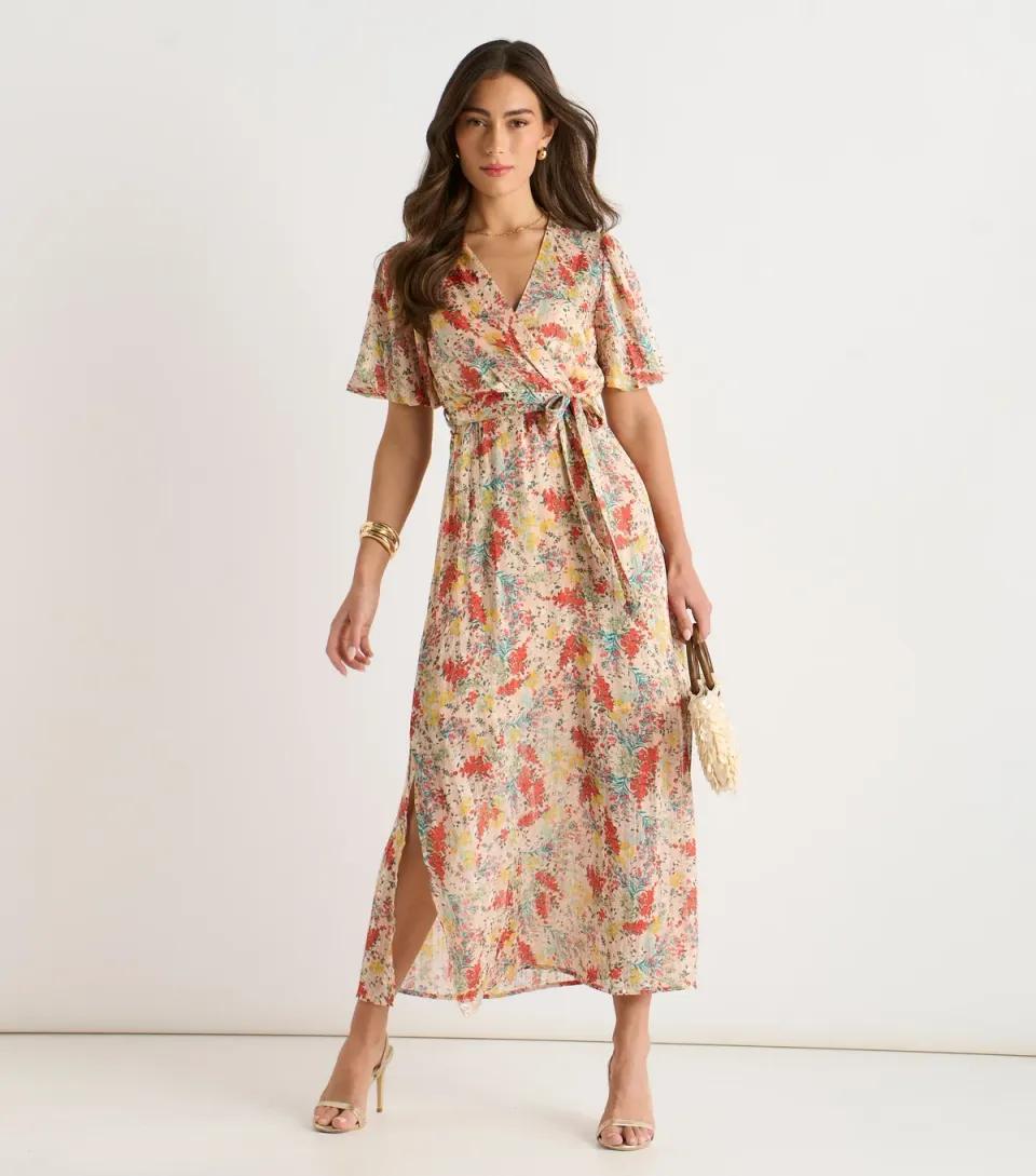 Women's Pink Floral Print Chiffon Midi Dress