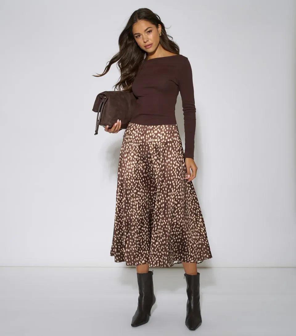 Women's Brown Satin Animal Print Midi Skirt