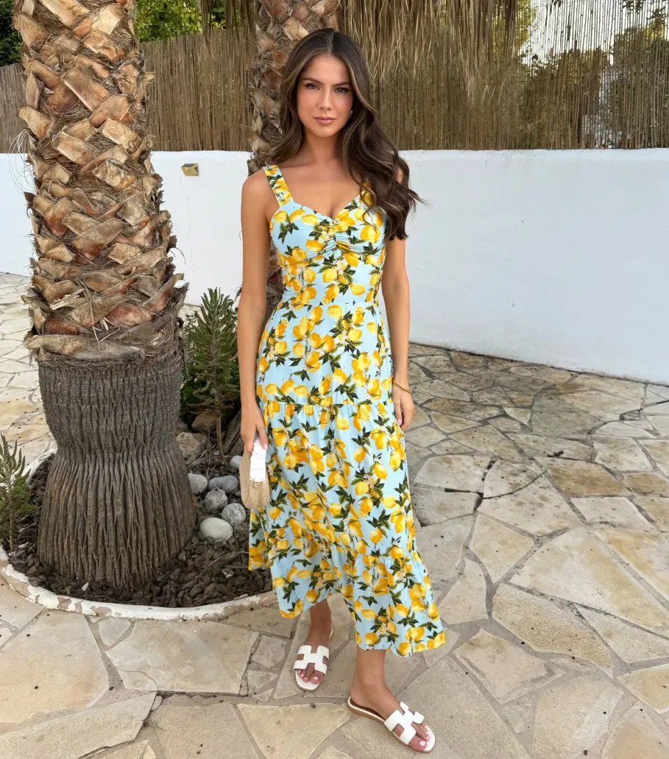 Women's Blue Lemon Print Shirred Midi Dress