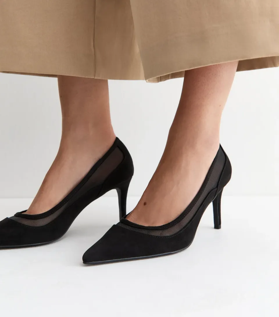 Women's Black Faux Suede Mesh Insert Court Shoes Vegan