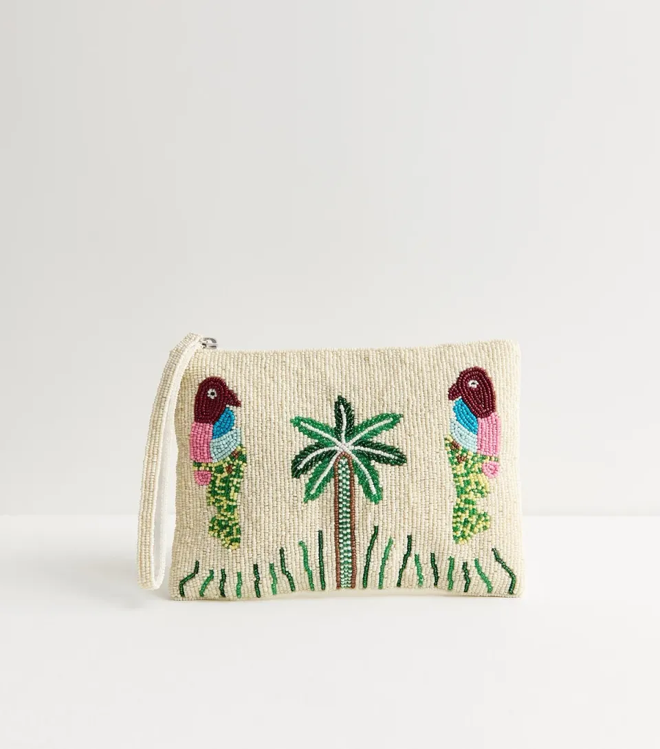 Cream Tropical Parrot Beaded Pouch Bag
