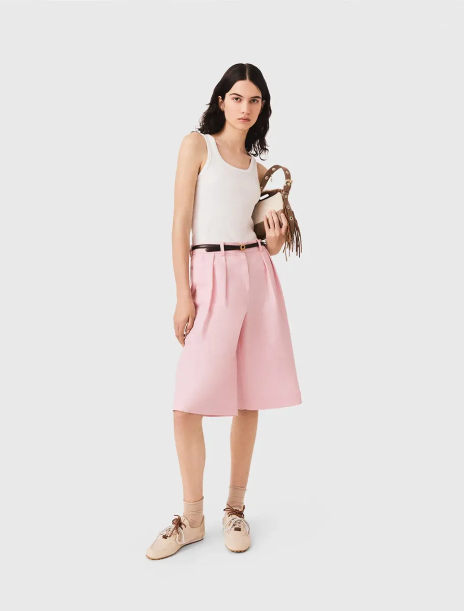 Pleated linen blend Bermuda shorts