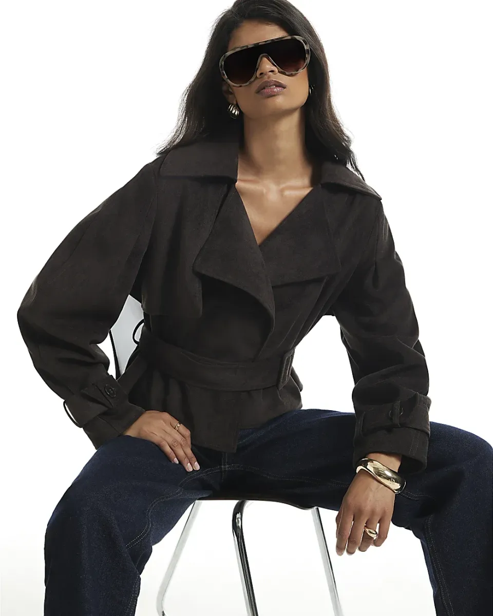 Belted Faux Suede Cropped Trench Jacket