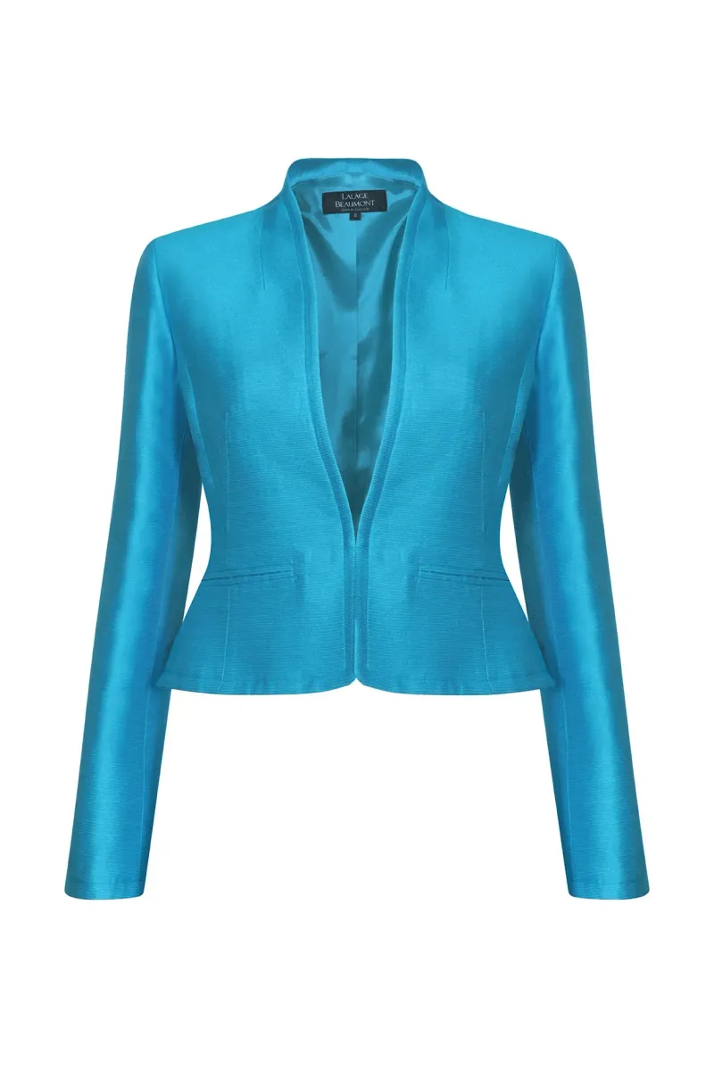 Fitted, Short Jacket in Turquoise Plain Self Stripe Silk - Margo