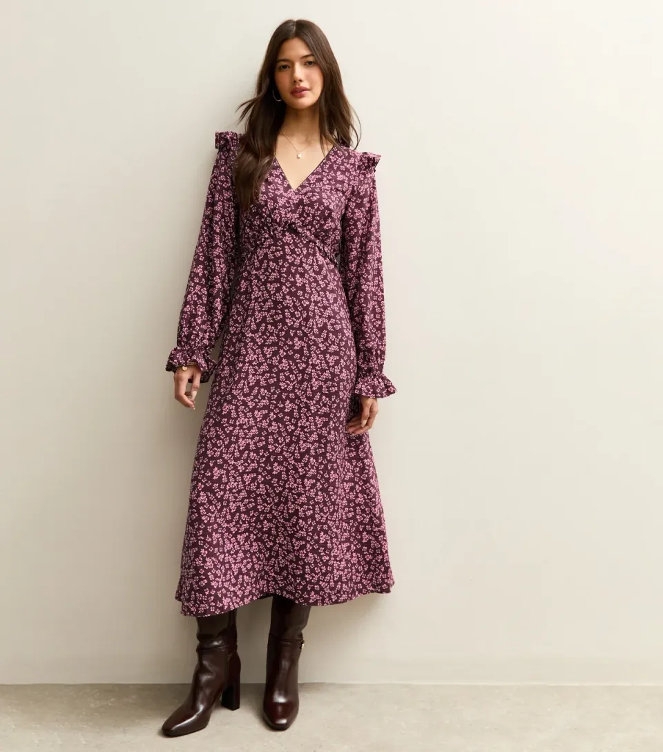 Women's Dark Red Floral Frill Trim Mid Dress