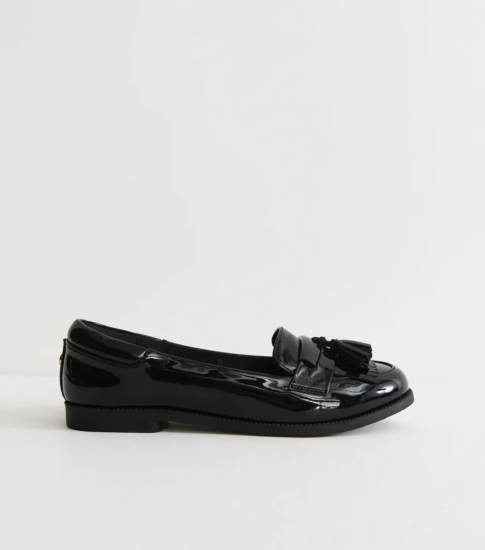 Women's Black Faux Patent Leather Tassel Trim Loafers Vegan