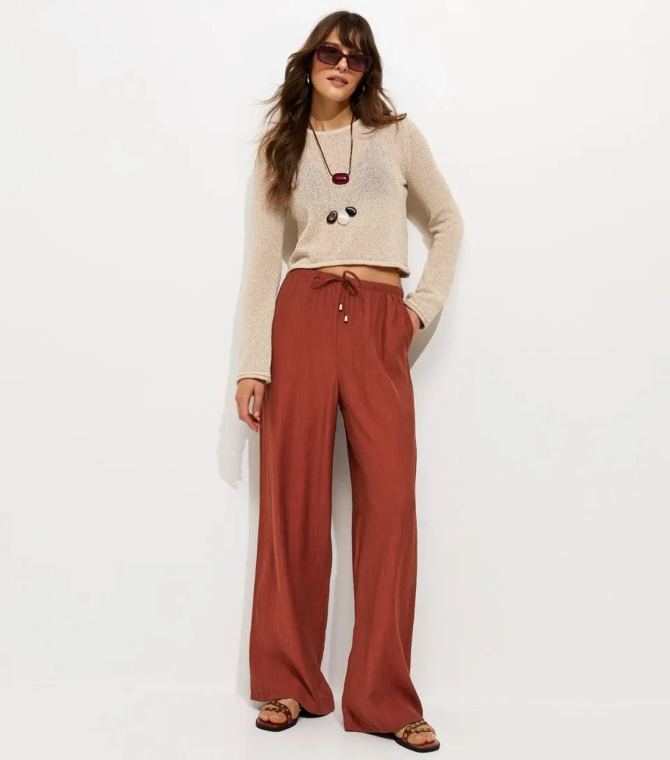 Women's Tall Rust Crinkle Texture Wide Leg Trousers