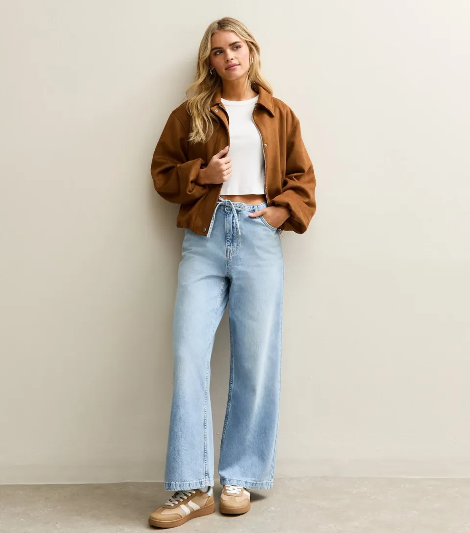 Women's Petite Mid Blue Self Tie Drawcord Waist Wide Leg Jeans