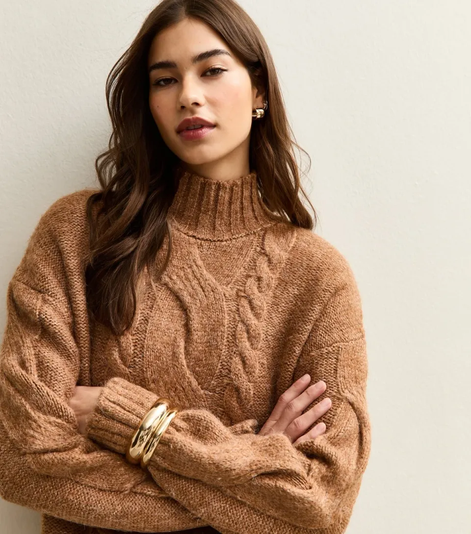 Women's Tan Cable Knit Stand Neck Jumper