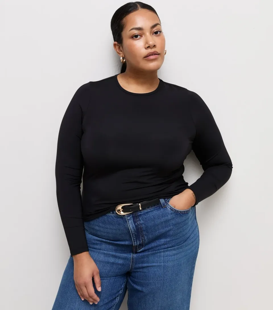 Women's Plus Size Black Jersey Long Sleeve Crew Neck Top Curves