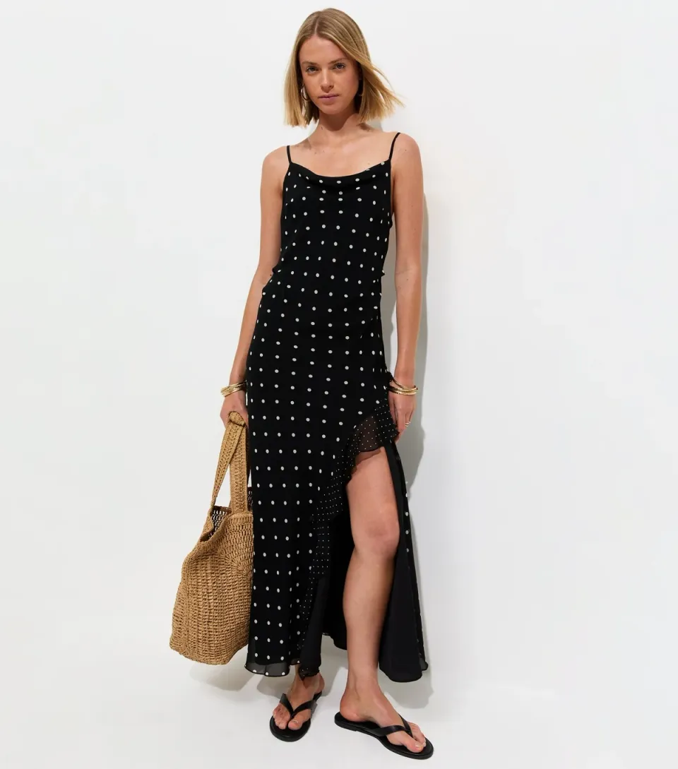 Women's Black Polka Dot Cowl Neck Midi Dress