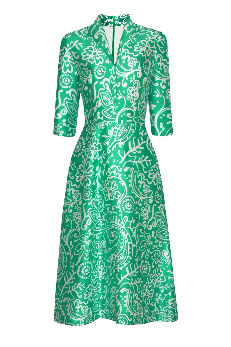 Calf Length, A-Line Dress in Emerald Green and White Printed Silk Shantung - Naomi