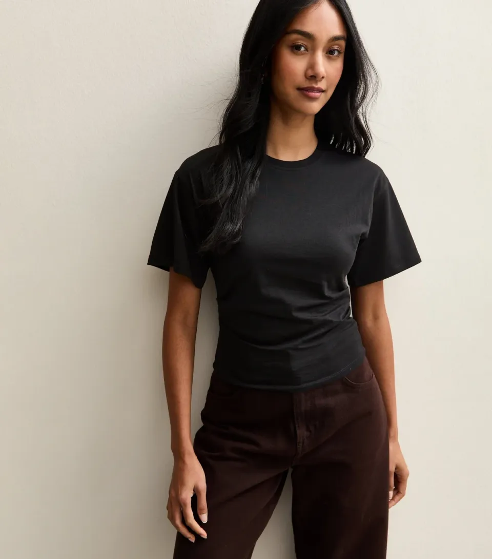 Women's Black Ruched Waist Crew Neck T-Shirt