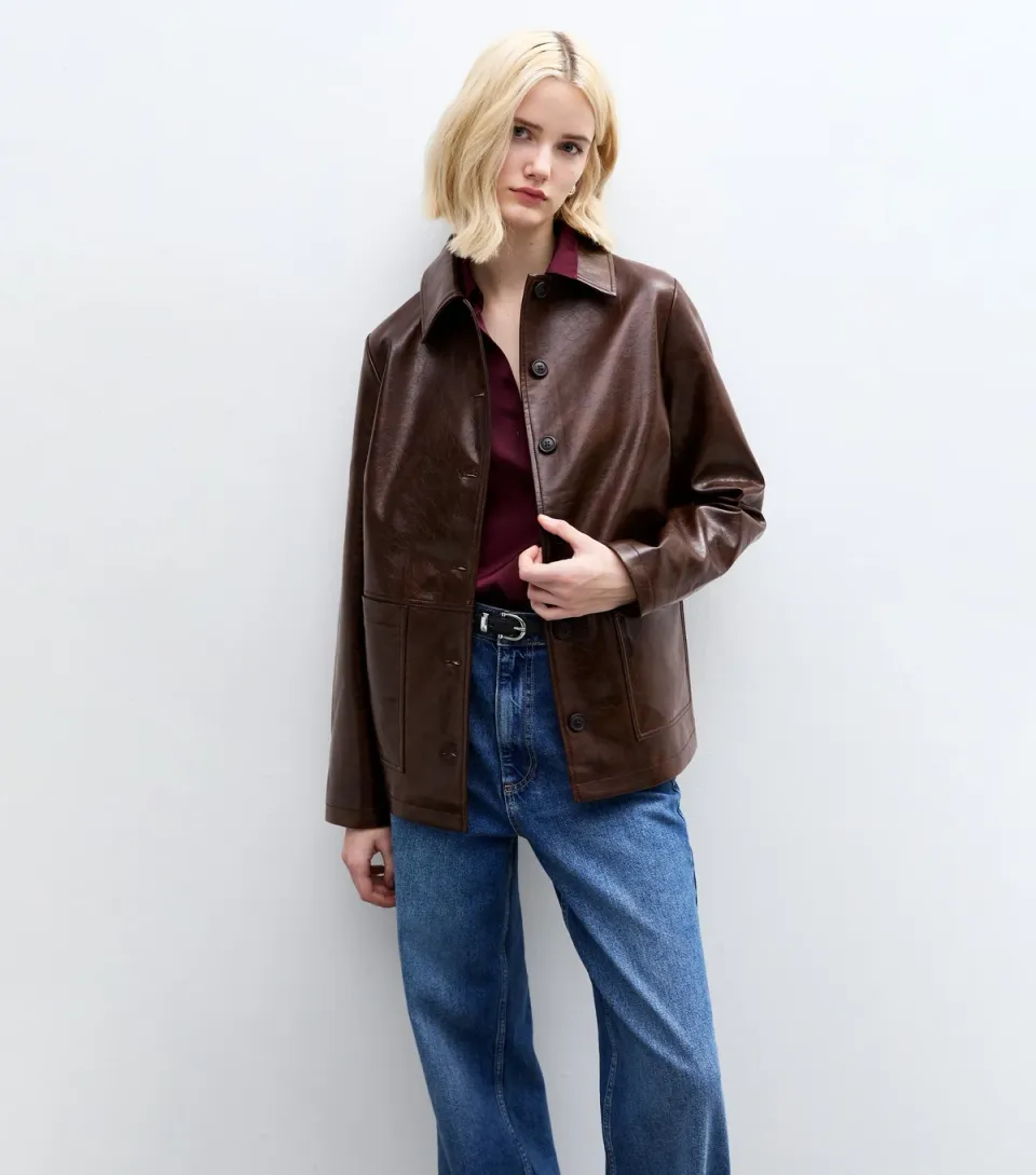 Women's Brown Button Up Faux Leather Jacket