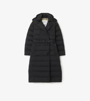 Long Nylon Hooded Puffer Coat in Black
