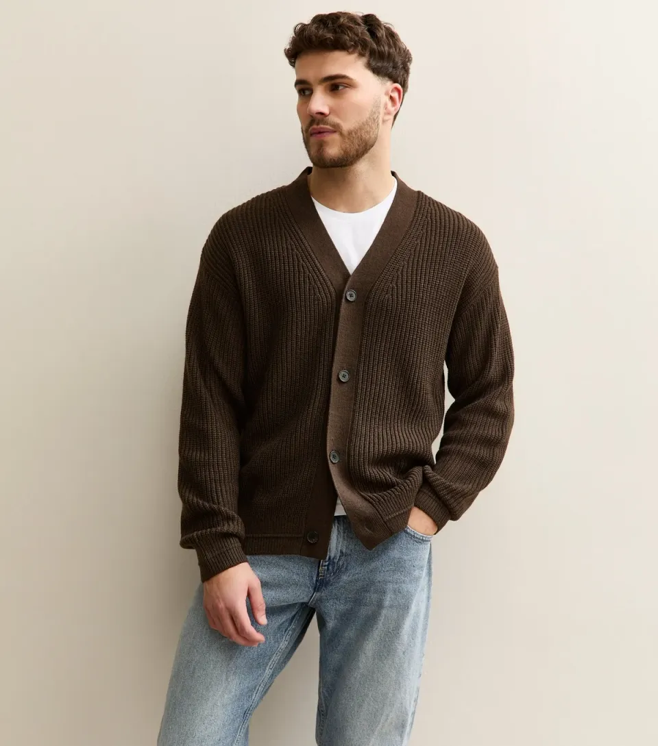Men's Dark Brown Regular V-Neck Cardigan