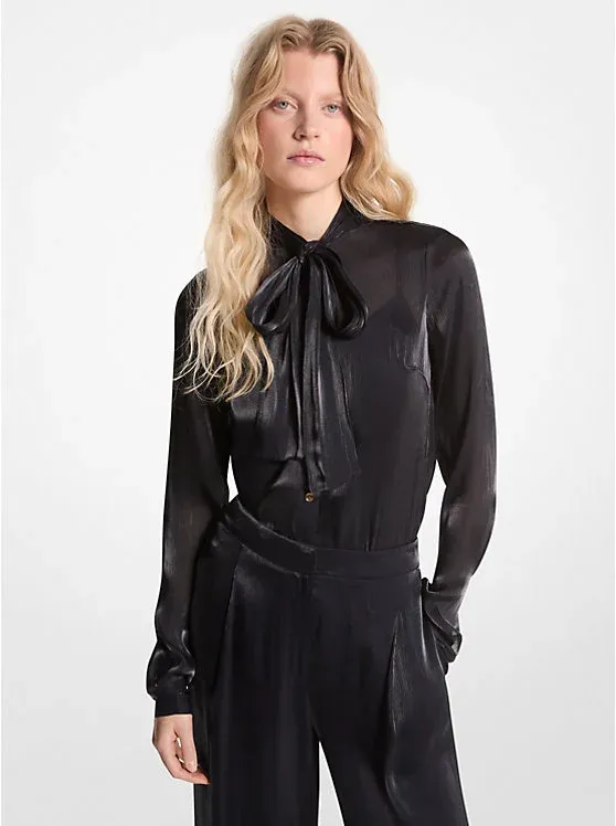 Crinkled Metallic Georgette Tie-Neck Blouse