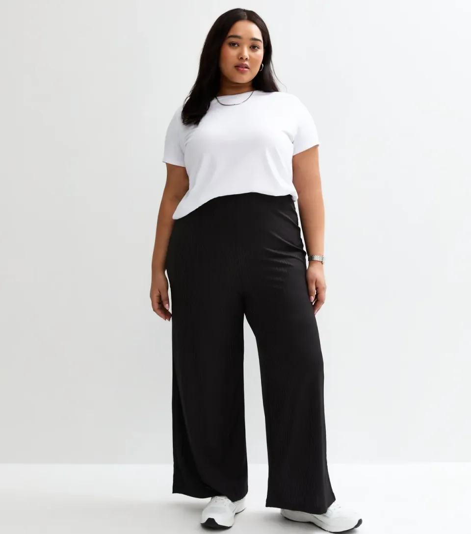 Women's Plus Size Black Rib Jersey Wide Leg Trousers Curves