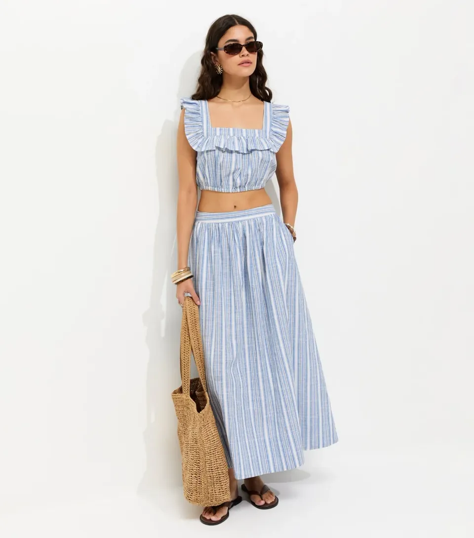 Women's Blue Cotton Poplin Striped Circle Midi Skirt