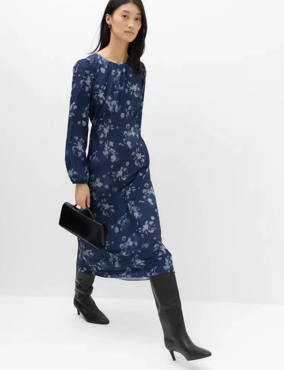 Floral Round Neck Midi Tea Dress Blue Mix