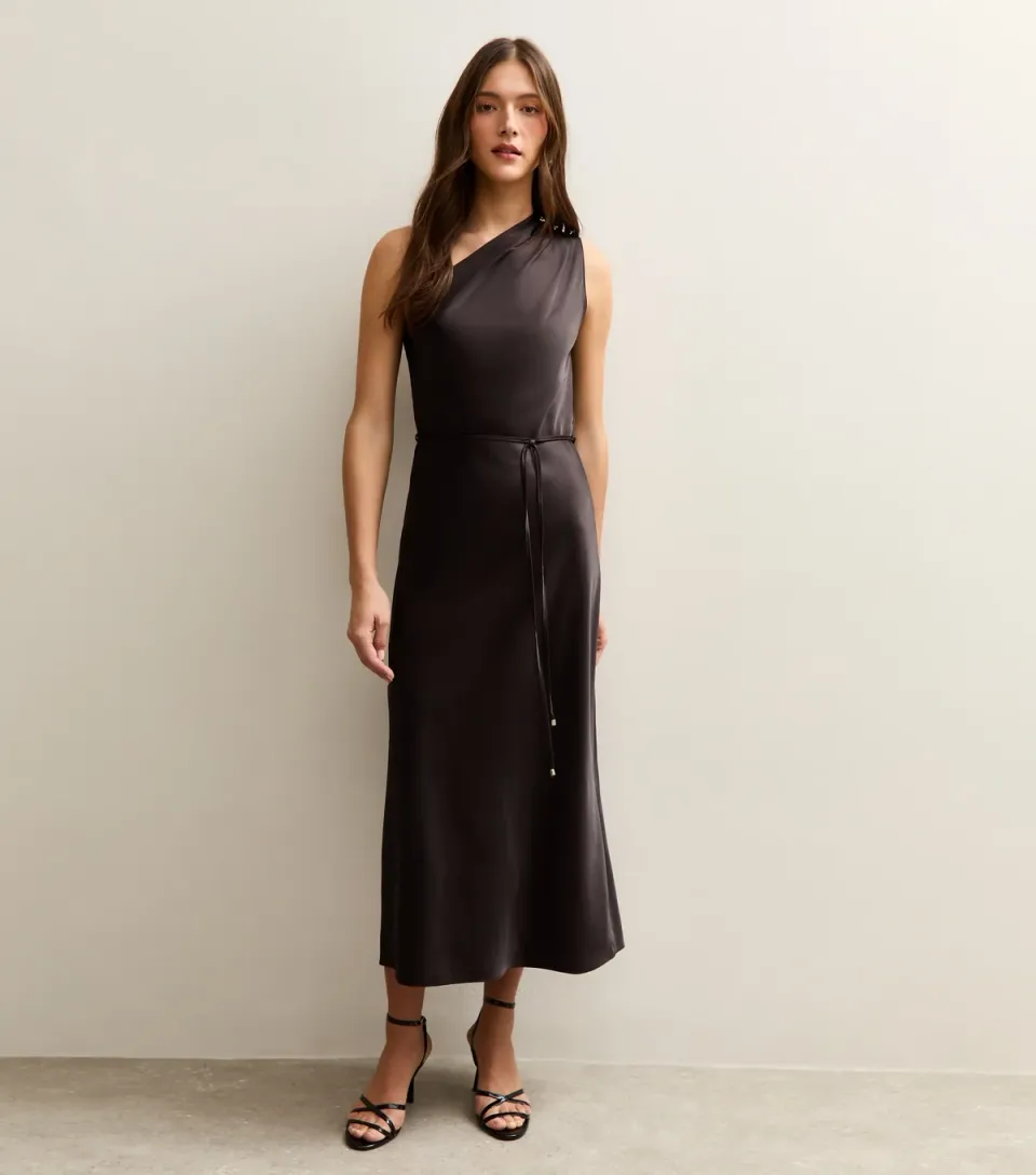 Women's Dark Brown Satin One Shoulder Tie Waist Dress