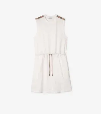 Check Trim Cotton Jersey Dress in Chalk white