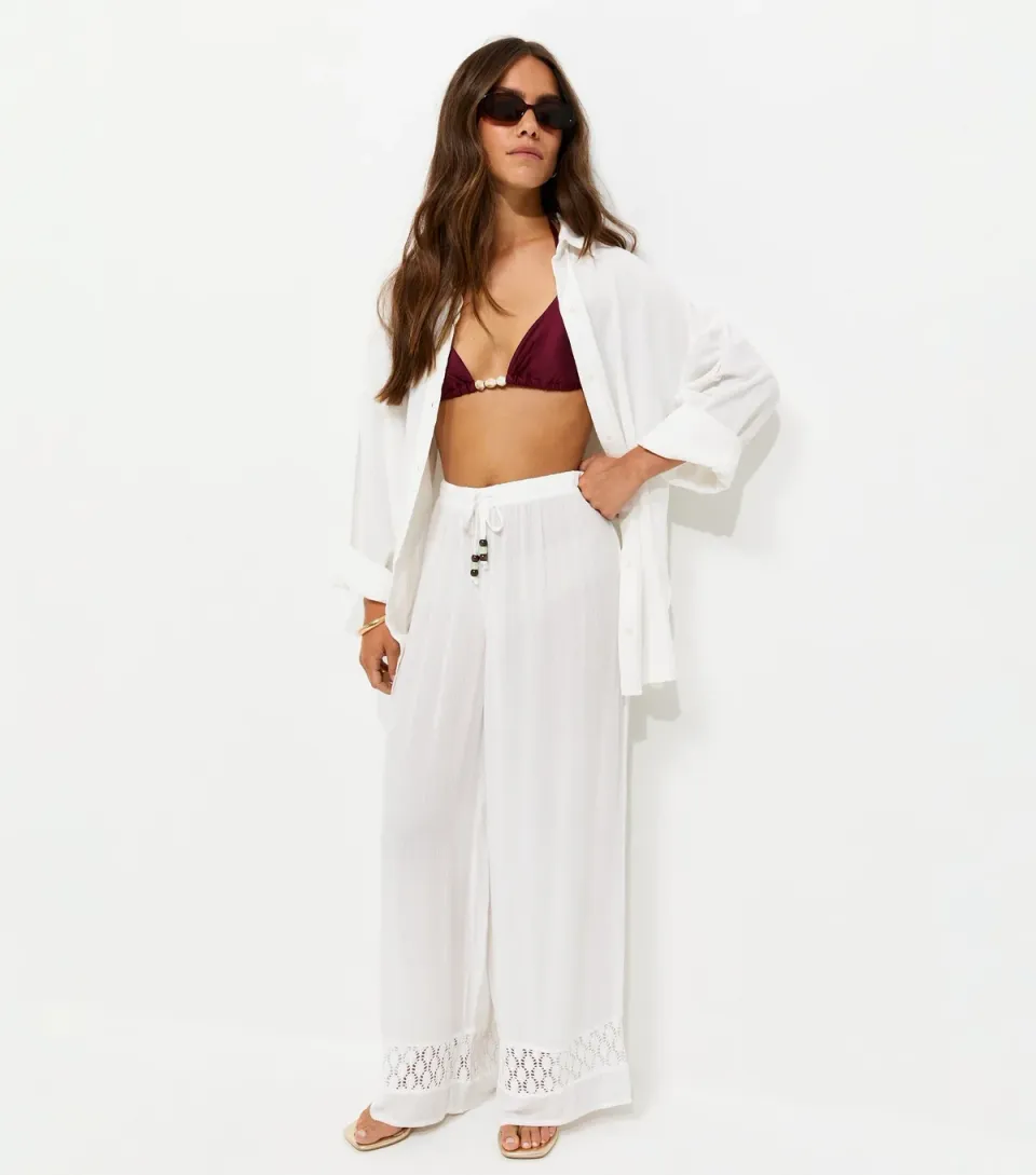 Women's Petite White Crochet Trim Wide Leg Beach Trousers